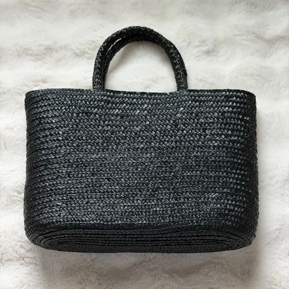 Black Woven Straw Tote Bag with Crochet Floral Accents - Picture 5 of 12